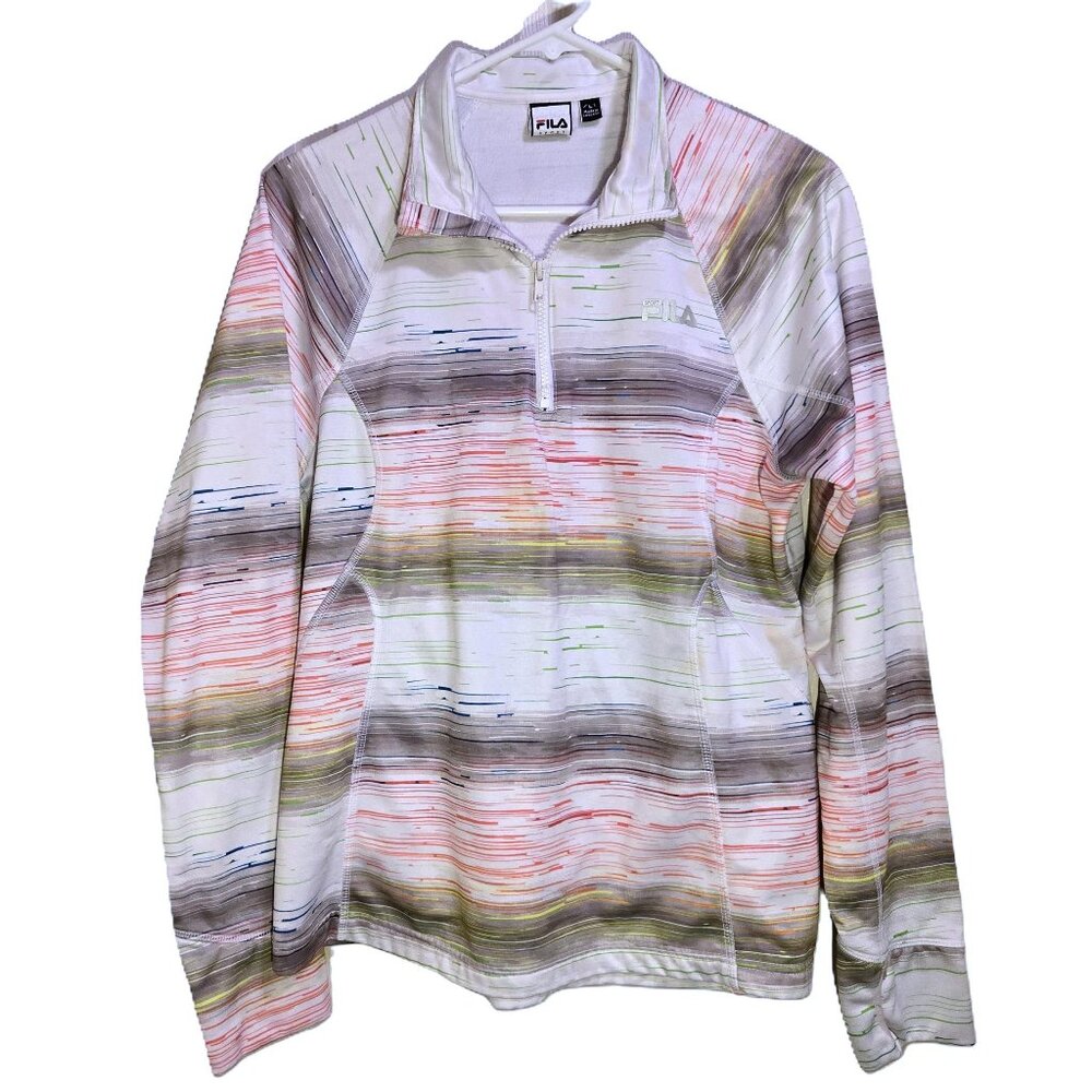FILA SPORT 1/4 Zip Fleece Long Sleeve Striped Sport Warm-up Pullover Women's L